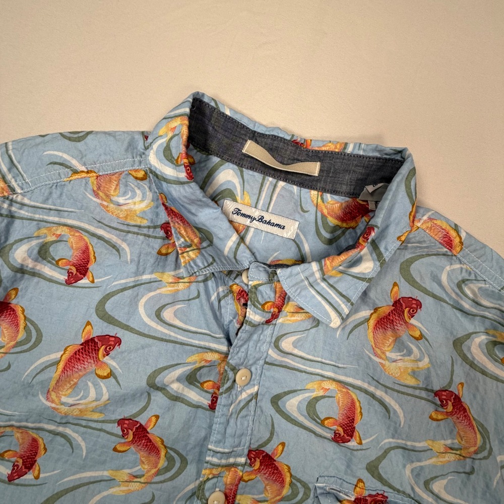 Tommy Bahama Mens XL Blue Koi Fish AOP Print S/S Button Up Shirt Cotton 0337